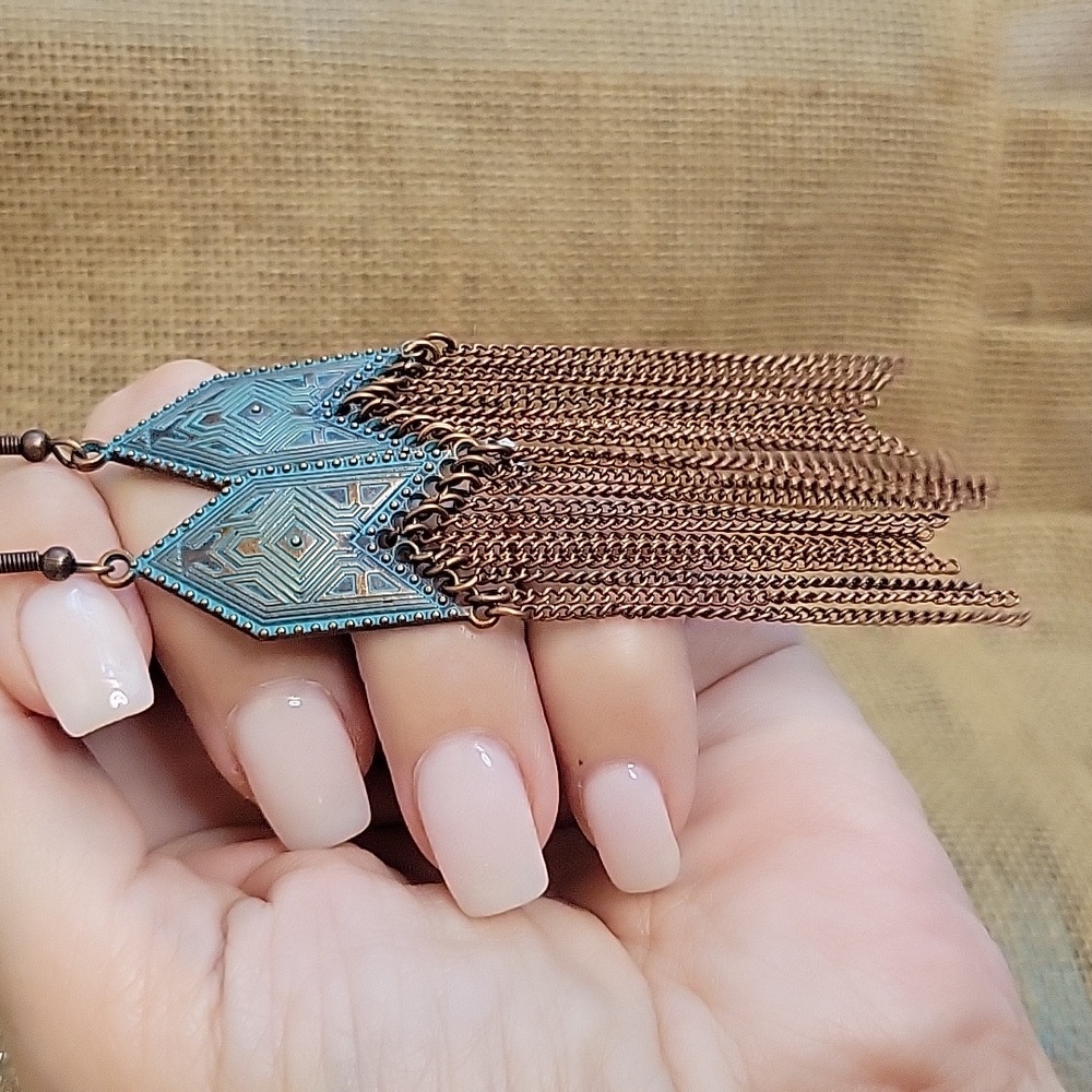 🔥LAST PAIR🔥 Bohemian Verdigris Chain Tassel Drop Earrings - Picture 7 of 8